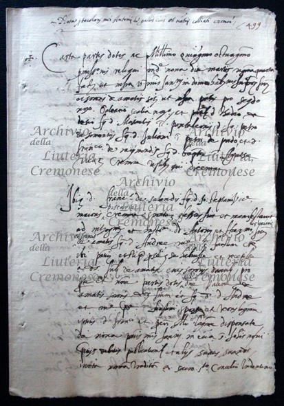 Archivio della Liuteria Cremonese Documenti 1581 Carta